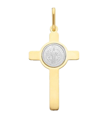 Solid 18k yellow white gold flat 30mm Cross pendant with Saint Benedict medal.