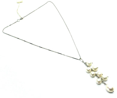 18k white gold lariat necklace venetian chain round oval pearl bunch pendant.
