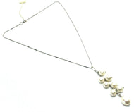 18k white gold lariat necklace venetian chain round oval pearl bunch pendant.