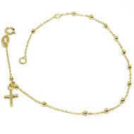 18k yellow gold mini rosary bracelet, 1.5 mm spheres, pendant cross, 7.1 inches.