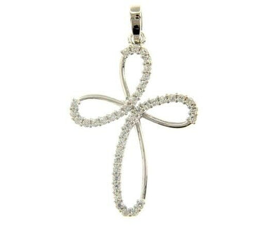 18K WHITE GOLD 17mm ONDULATE FLOWER CROSS WITH WHITE ROUND CUBIC ZIRCONIA.