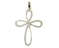 18K WHITE GOLD 17mm ONDULATE FLOWER CROSS WITH WHITE ROUND CUBIC ZIRCONIA.