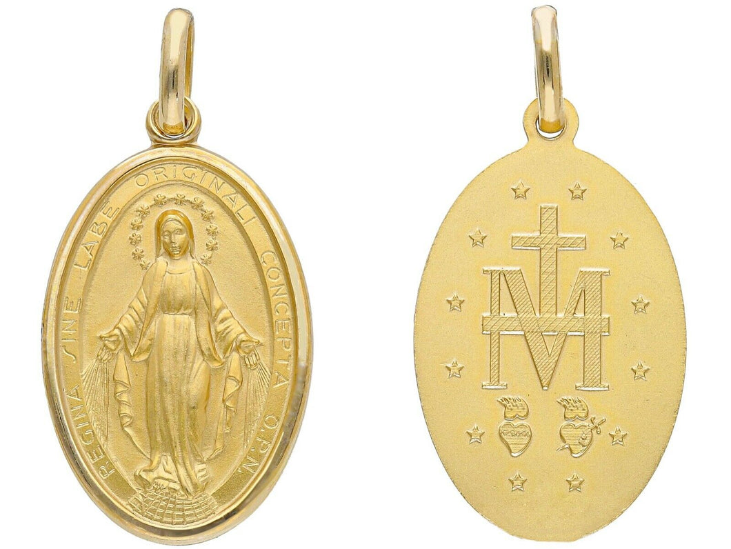 solid 18k yellow gold Miraculous medal pendant, Virgin Mary, Madonna, 17x25mm.