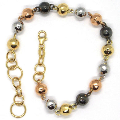 18K YELLOW WHITE ROSE BLACK GOLD BRACELET, WORKED ALTERNATE NUGGETS SPHERE LINKS.