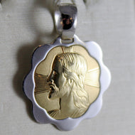 18K YELLOW WHITE GOLD FLOWER MEDAL JESUS CHRIST FACE ENGRAVABLE MADE IN ITALY.