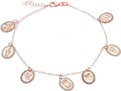 18K ROSE GOLD BRACELET WITH 7 RELIGIOUS PENDANT MEDALS, ROLO CHAIN, 7.5