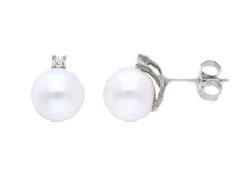 Load image into Gallery viewer, 18k white gold earrings big 9/9.5mm freshwater white round pearls cubic zirconia.
