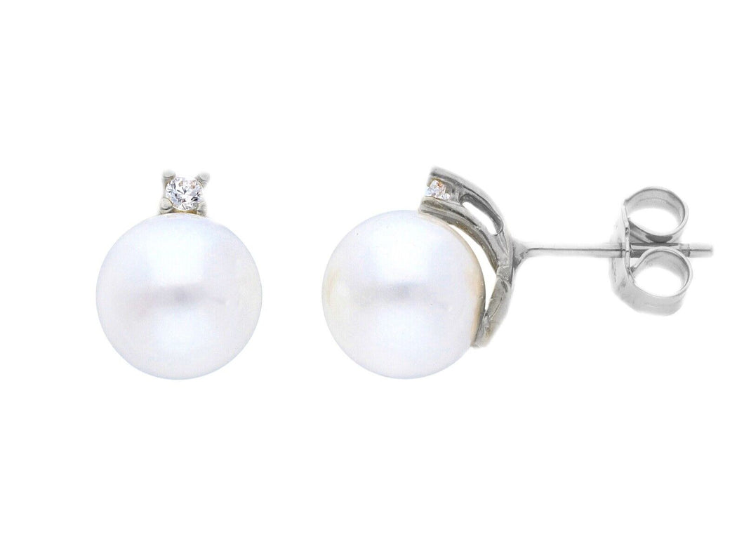 18k white gold earrings big 9/9.5mm freshwater white round pearls cubic zirconia.