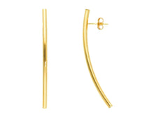 Load image into Gallery viewer, 18K YELLOW GOLD LONG CURVED BAR 2mm TUBE PENDANT EARRINGS 5cm 2&quot; MADE IN ITALY
