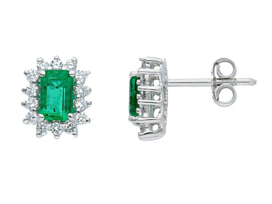 18k white gold flower earrings, diamonds 0.44 & rectangular emerald 1.40.
