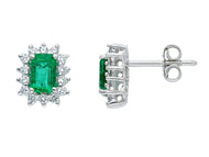 18k white gold flower earrings, diamonds 0.44 & rectangular emerald 1.40.
