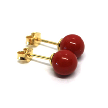 Load image into Gallery viewer, 18k yellow gold 7mm spheres intense red reconstructed coral button earrings.
