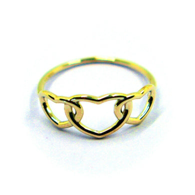 SOLID 18K YELLOW GOLD BAND RING THREE HEARTS, WIRE HEARTS TRILOGY, MADE IN ITALY.