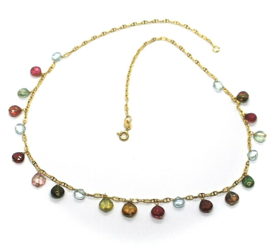 18k yellow gold mariner oval necklace, pendant drop aquamarine and tourmaline