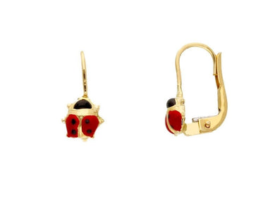 18k yellow gold small puffed 7mm ladybug pendant earrings, leverback closure.