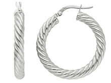 Load image into Gallery viewer, 18K WHITE GOLD HOOPS EARRINGS DIAMETER 25mm, TUBE 4mm STRIPED TWISTED BRAIDED.
