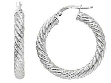 18K WHITE GOLD HOOPS EARRINGS DIAMETER 25mm, TUBE 4mm STRIPED TWISTED BRAIDED.