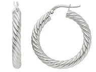 18K WHITE GOLD HOOPS EARRINGS DIAMETER 25mm, TUBE 4mm STRIPED TWISTED BRAIDED.
