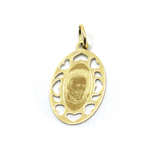 Load image into Gallery viewer, 18k yellow gold oval flat medal 16x23mm Saint Pio of Pietrelcina hearts pendant.
