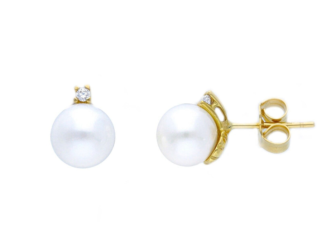 18K YELLOW GOLD EARRINGS 8/8.5mm FRESHWATER WHITE ROUND PEARLS, CUBIC ZIRCONIA