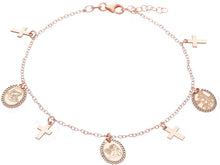 Load image into Gallery viewer, 18K ROSE GOLD BRACELET VIRGIN MARY, JESUS, ANGEL MEDAL, CROSS, ROLO CHAIN 7.5&quot;
