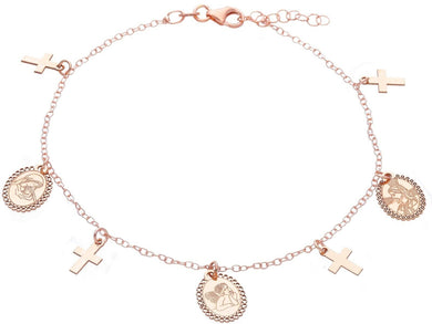 18K ROSE GOLD BRACELET VIRGIN MARY, JESUS, ANGEL MEDAL, CROSS, ROLO CHAIN 7.5