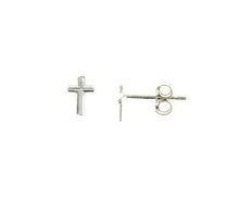 Load image into Gallery viewer, 18k white gold earrings small cross, shiny, smooth, 4mm, made in Italy.
