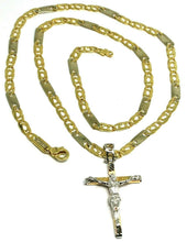 Load image into Gallery viewer, 18K YELLOW WHITE GOLD FLAT ALTERNATE CHAIN, 20 INCHES &amp; WORKED JESUS CROSS
