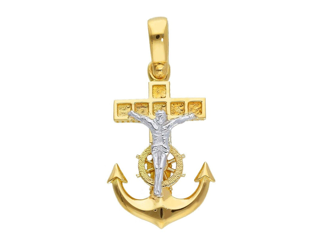 18K YELLOW WHITE GOLD JESUS CHRIST NAUTICAL HELM ANCHOR CROSS 23mm PENDANT.