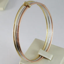 Load image into Gallery viewer, TRIPLE 18K ROSE YELLOW WHITE GOLD BANGLE RIGID BRACELET, SMOOTH, MADE IN ITALY.
