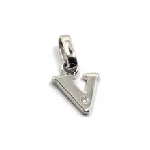 Load image into Gallery viewer, 18k white gold pendant charm small initial letter V, 10mm, 0.4&quot;, with diamond.
