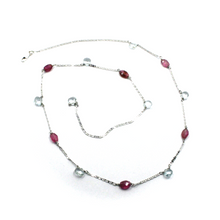 Load image into Gallery viewer, 18k white gold 19&quot; oval necklace faceted 6mm aquamarine drops purple tourmaline.
