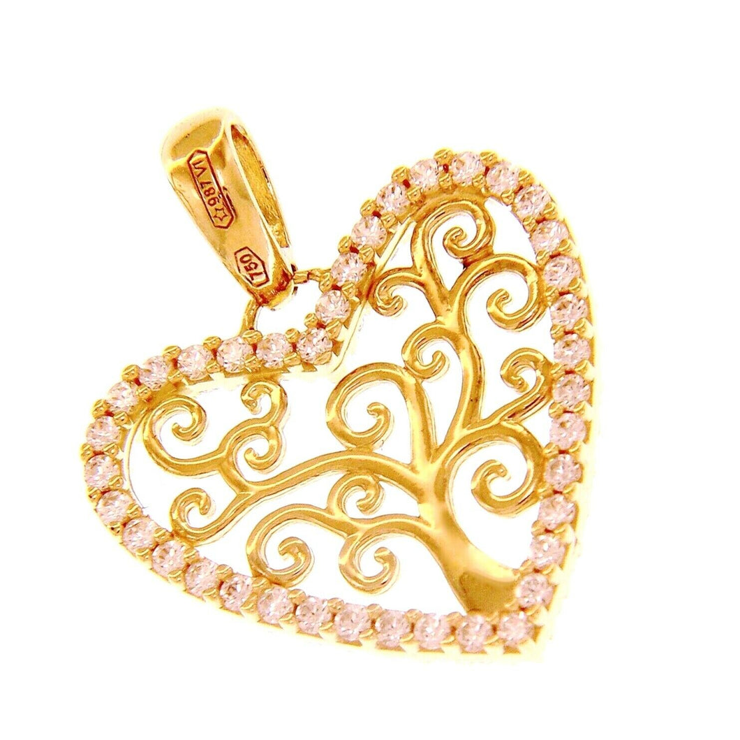 SOLID 18K ROSE GOLD PENDANT HEART TREE OF LIFE CUBIC ZIRCONIA 17mm 0.67 inches