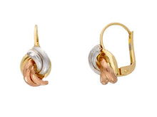 Load image into Gallery viewer, 18K YELLOW WHITE ROSE GOLD PENDANT 18mm EARRINGS ALTERNATE WORKED TWISTED KNOT.
