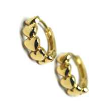 Load image into Gallery viewer, 18K YELLOW GOLD ROUND CIRCLE HOOP SMALL HEARTS ROW EARRINGS DIAMETER 12mm x 4mm.
