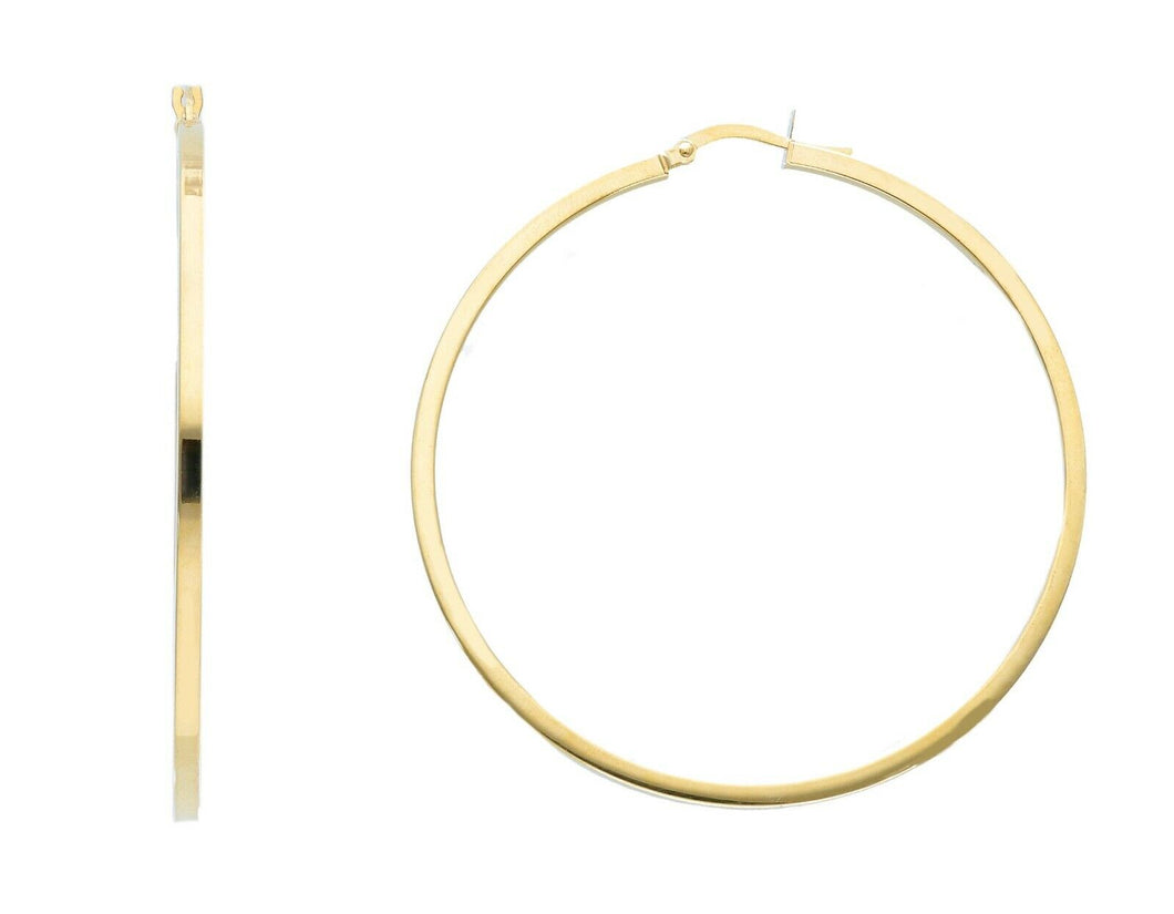 18K YELLOW GOLD CIRCLE EARRINGS DIAMETER 50 MM WITH SQUARE TUBE, MADE IN ITALY.