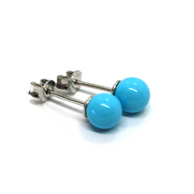 Load image into Gallery viewer, 18k white gold 6mm spheres balls reconstructed turquoise button earrings.
