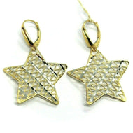 18K YELLOW WHITE GOLD PENDANT EARRINGS ONDULATE WORKED BIG STAR, SHINY, STRIPED.