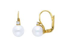 Load image into Gallery viewer, 18k yellow gold leverback earrings 7.5/8mm freshwater pearls and cubic zirconia.
