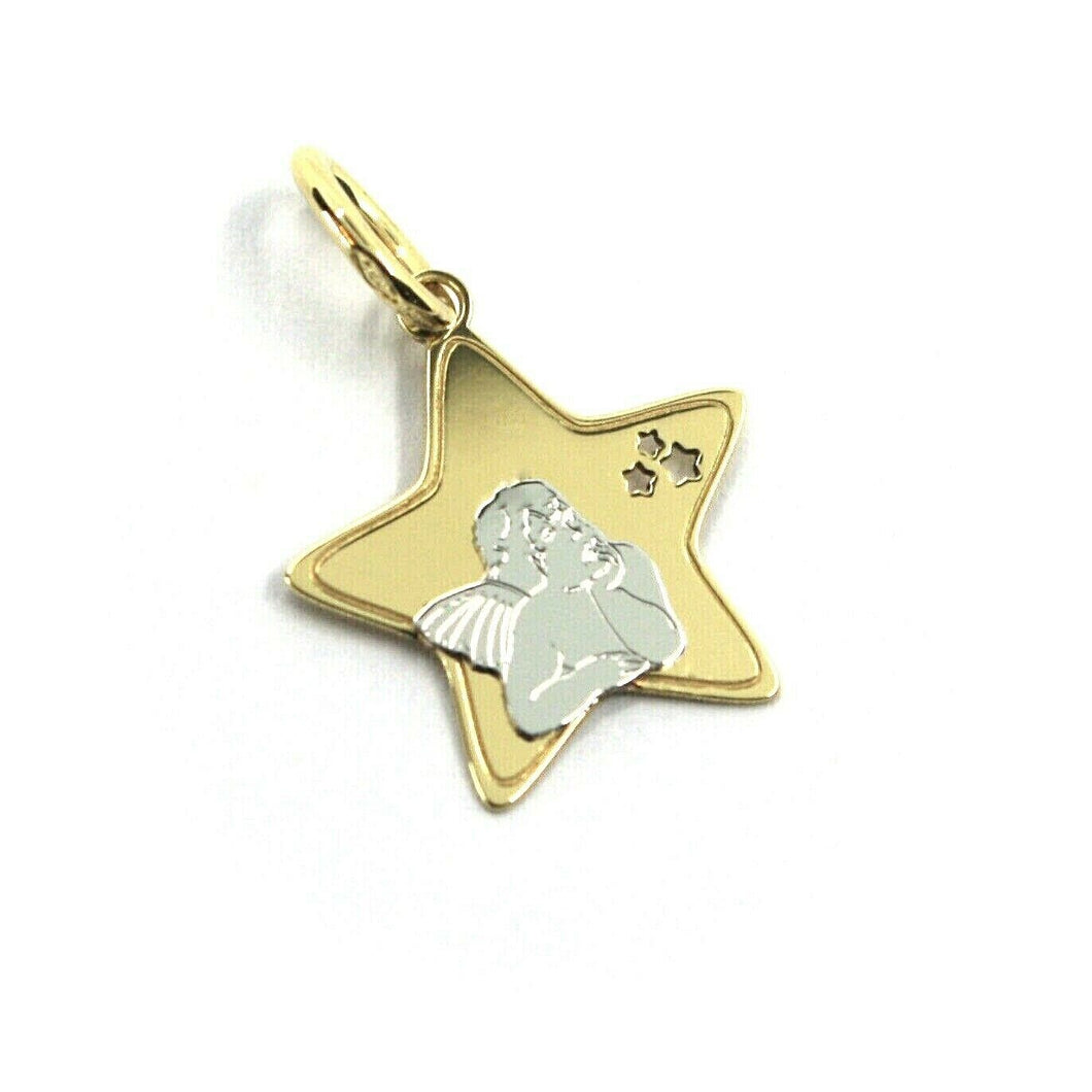 18K YELLOW WHITE GOLD MEDAL 15mm STAR PENDANT, GUARDIAN ANGEL, STARS.