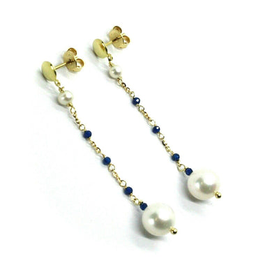 18k yellow gold pendant earrings, fw white pearls and blue cubic zirconia.