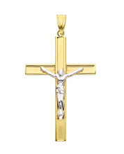 Load image into Gallery viewer, 18K YELLOW WHITE GOLD SQUARED SMOOTH CROSS PENDANT, WITH JESUS CHRIST, BIG 40mm.

