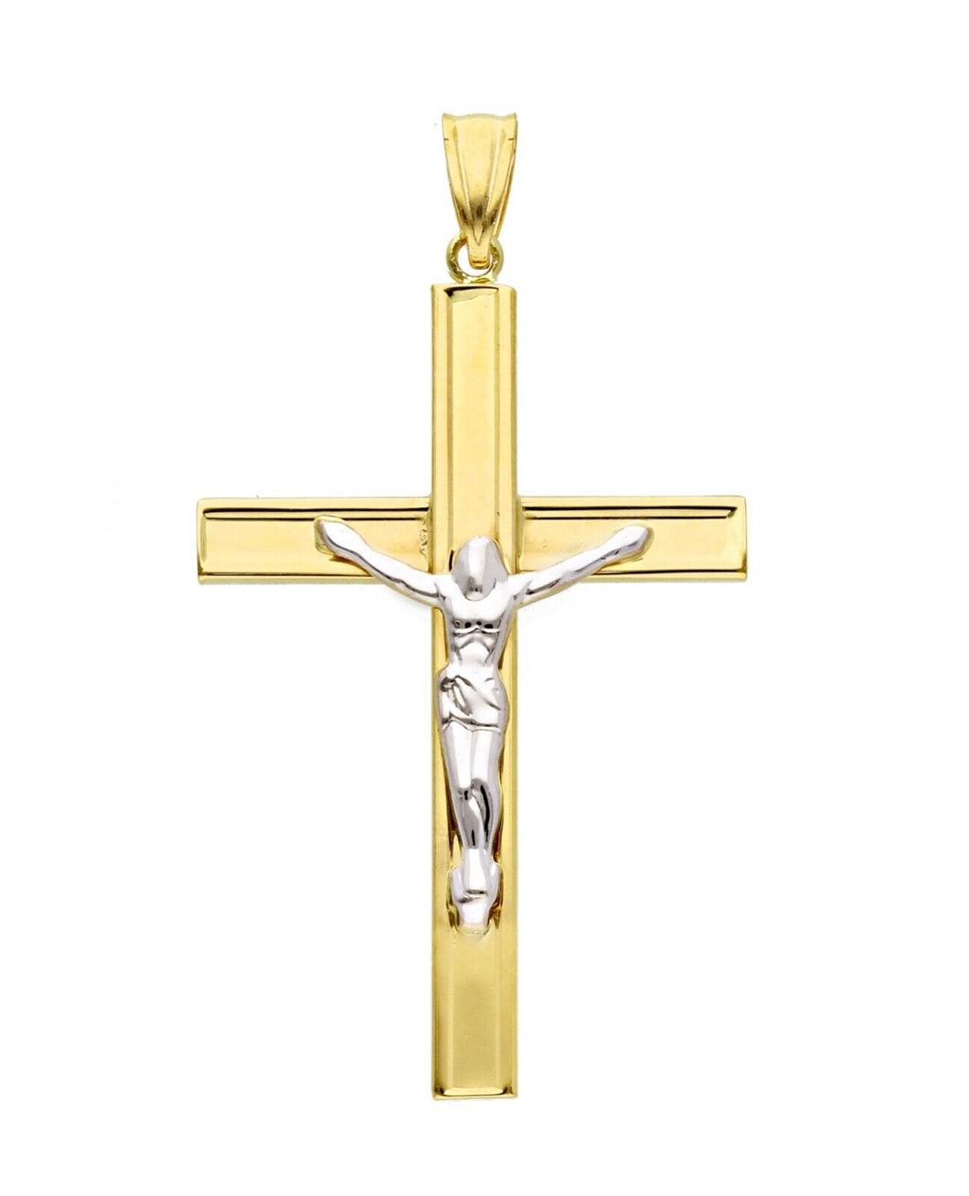 18K YELLOW WHITE GOLD SQUARED SMOOTH CROSS PENDANT, WITH JESUS CHRIST, BIG 40mm.