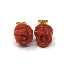 Load image into Gallery viewer, 18k yellow gold red coral flower roses button earrings, 8.5 mm, 0.33 inches
