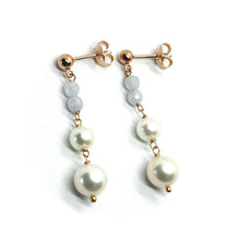 Load image into Gallery viewer, 18k rose gold pendant earrings, with fw pearls and chalcedony.
