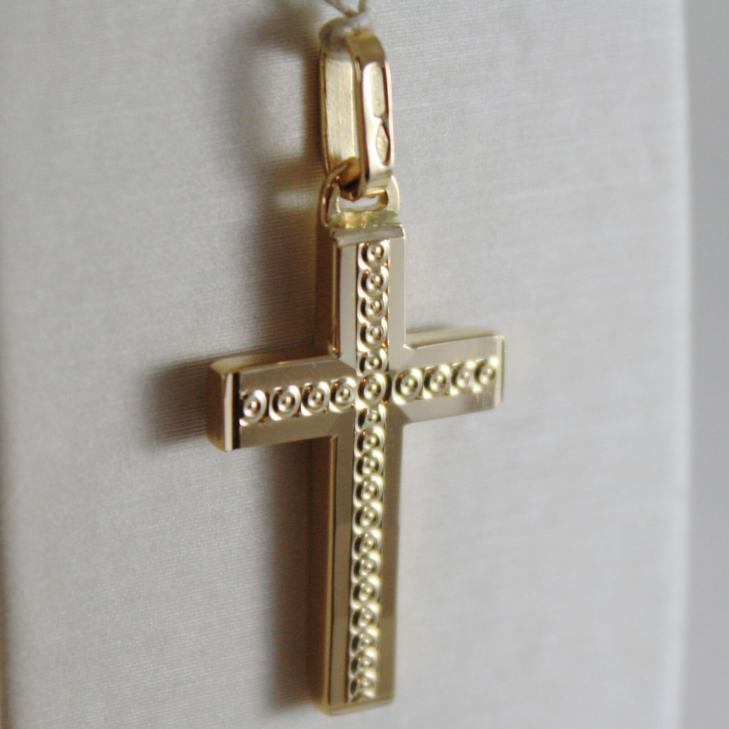 18K YELLOW GOLD CROSS SQUARED TWO FACES CIRCLES ENGRAVABLE 1.14, MADE IN ITALY.