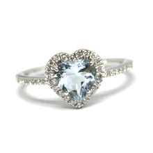 Load image into Gallery viewer, 18k white gold heart love ring, aquamarine with diamonds frame, made in Italy.
