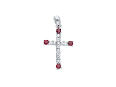 18K WHITE GOLD SMALL 12mm CROSS WITH WHITE & RED ROUND CUBIC ZIRCONIA.