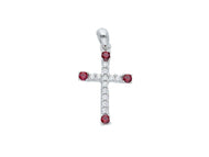 18K WHITE GOLD SMALL 12mm CROSS WITH WHITE & RED ROUND CUBIC ZIRCONIA.
