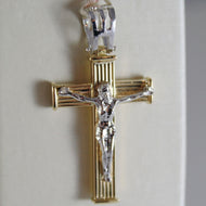 18K YELLOW WHITE GOLD CROSS WITH JESUS, STRIPED BRIGHT 1.34 INCHES MADE IN ITALY.